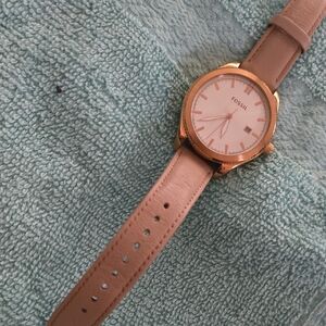 Fossil Pink Dial Watch with Brown Leather Strap